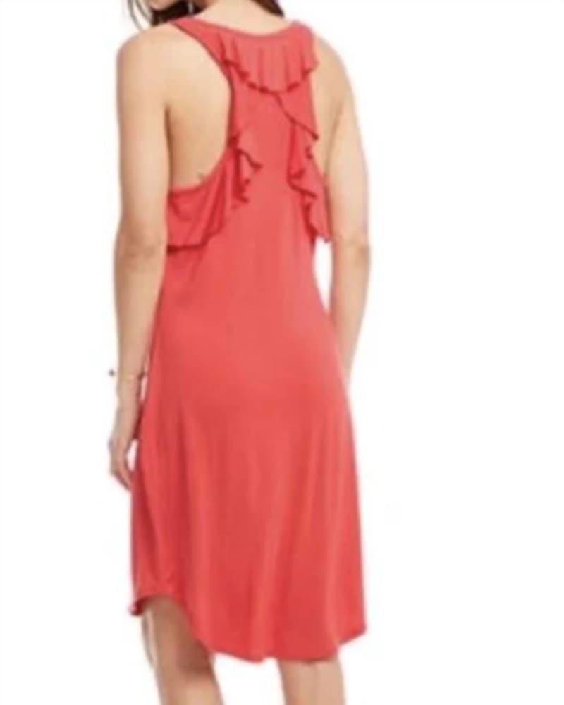 Back of a model wearing a size L Cool Jersey Ruffle Racer Back Shirttail Mini Dress In Lollipop in Lollipop by Chaser. | dia_product_style_image_id:350588